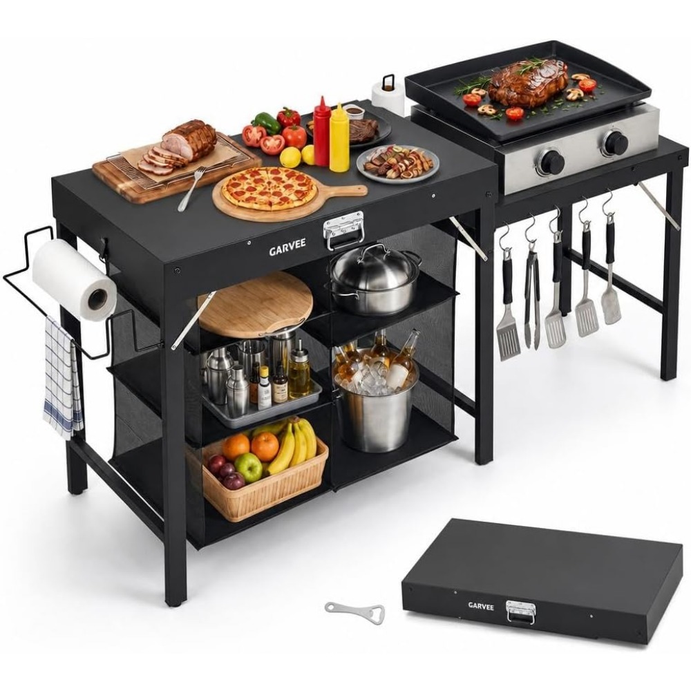Outdoor Camping Cooking Table - Foldable Metal Grill Table with Side