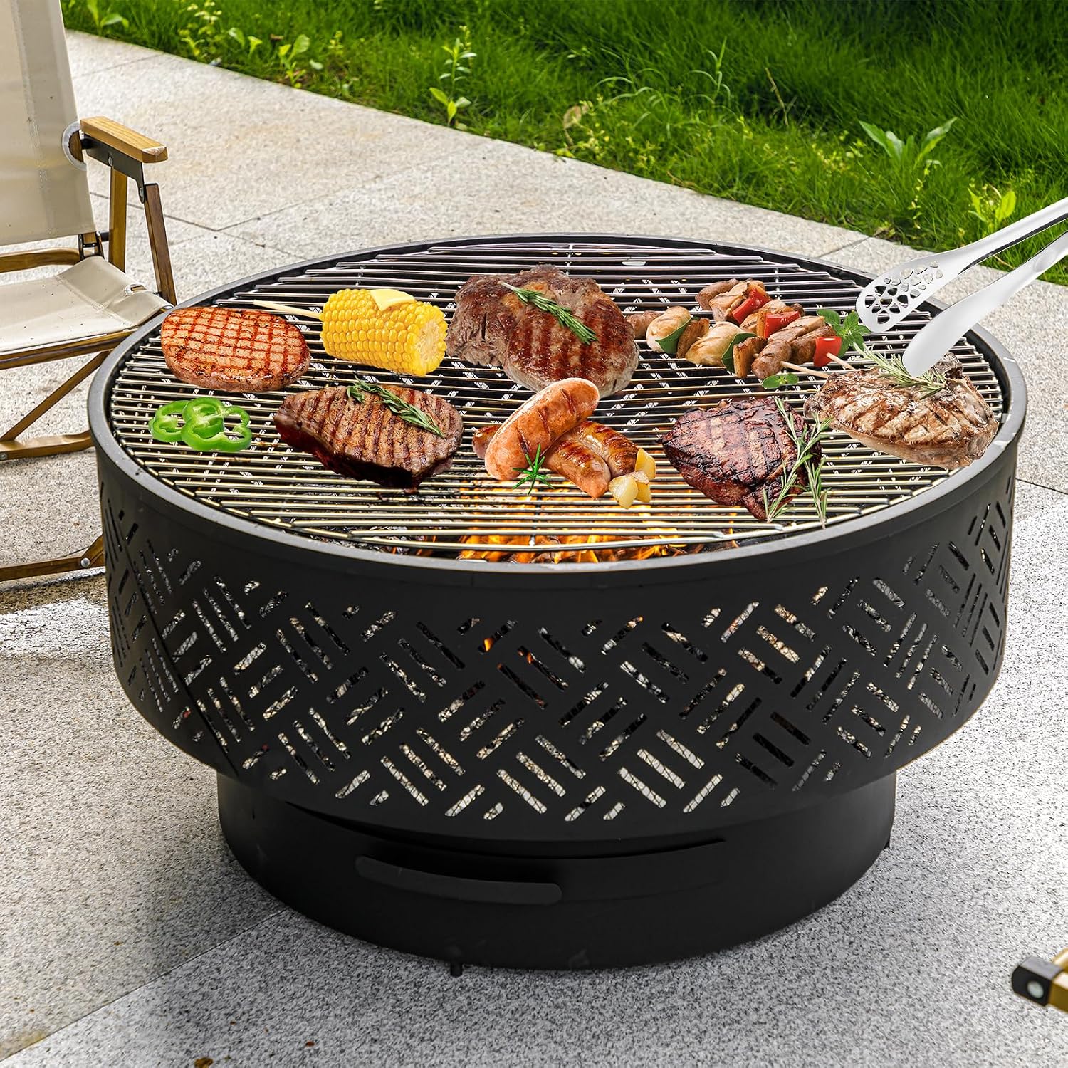 32 Inch Round Metal Wood Burni - Outdoor Camping Cooking Table 评论和价格